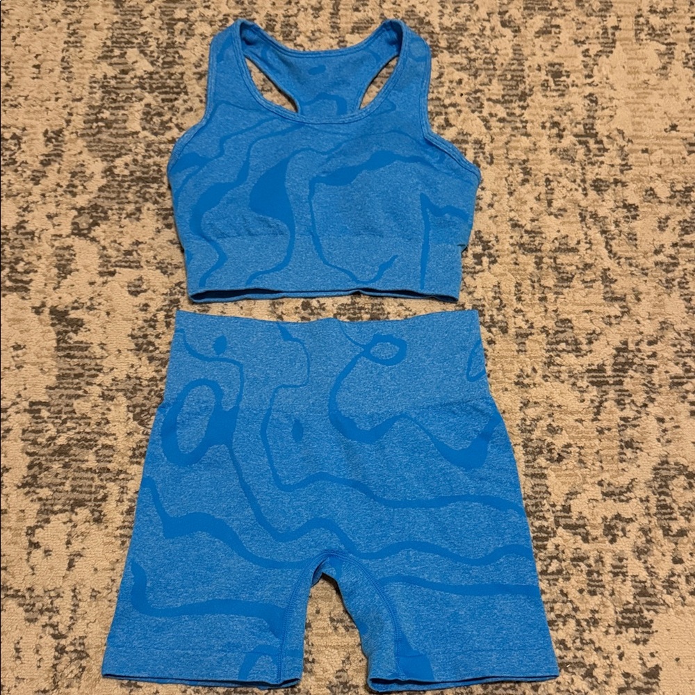Blue Patterned Sports Bra and Shorts Set